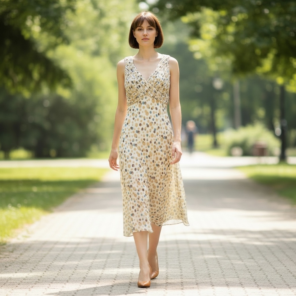 Adrianna Papell Ivory Dress with Brown, Beige & Teal Polka Dots Sz 8